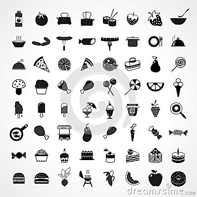 food icon set with soup, ice-cream, fruits Vector Illustration