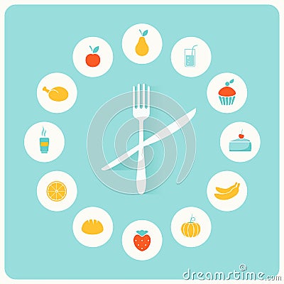 Food Icons Infographic Clock. Flat Design. Fitness, Diet and Calorie Counter Concept Stock Photo