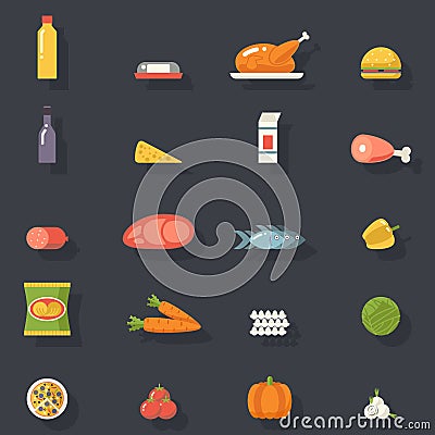 Food Icons Set Meat Fish Vegetables Drinks for Vector Illustration