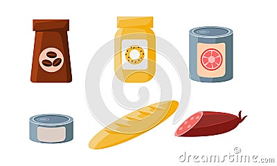 Food icons set, packaging of coffee, biscuits, cans, loaf, sausage vector Illustration Vector Illustration