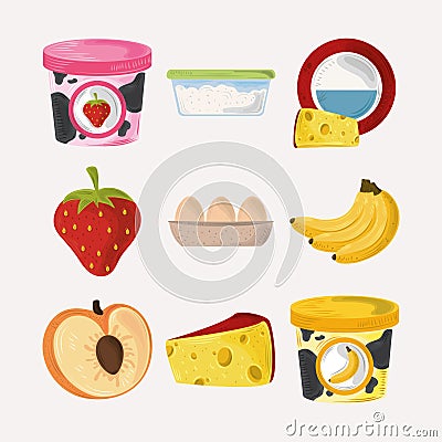 Food icons set, yogurt fruits eggs and cheese fresh nutrition Vector Illustration