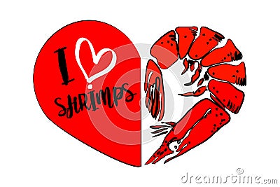 Cartoon red shrimp, second part of heart isolated on white background. Vector Illustration