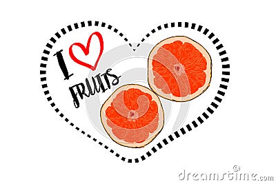 cartoon drawn two pieces of orange fruit with inside heart isolated on white background. Vector Illustration