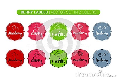 Berry Colorful label set of strawberry, cherry, melon, raspberry, blueberry. Cartoon Advertising Stickers. Vector Illustration