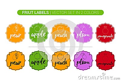 Colorful fruit labels set of pear, Apple, peach, plum, pomegranate. Cartoon Advertising business Stickers. Vector Illustration