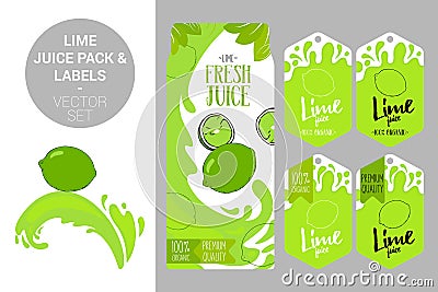 lime juice pack and organic fruit labels tags. Colorful tropical stickers. Juicy exotic fruit badges with splashes. Vector Illustration