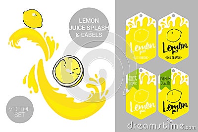 Lemons with juice splashes. Organic fruit labels tags and lemon juice text Vector Illustration