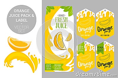 Orange on juice splash. orange juice pack and organic fruit labels tags Vector Illustration