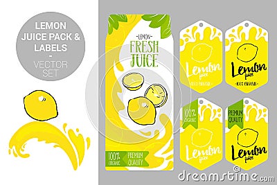 lemon juice pack and organic fruit labels tags. Colorful tropical stickers. Juicy exotic fruit badges with splashes. Vector Illustration