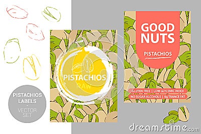 Pistachio nuts labels with brush stroke elements, cartoon drawn nut texture. Pistachios product Badge Vector Illustration
