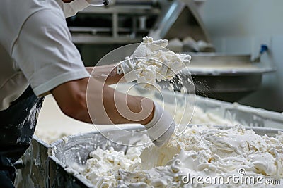 Food industry worker manipulating cheese curds with hands in gloves Stock Photo