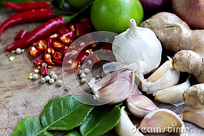 Food ingredient ginger ,chili pepper and garlic on wooden table Stock Photo