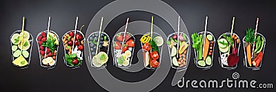 Food ingredients for blending smoothie or juice on painted glass over black chalkboard. Top view with copy space Stock Photo