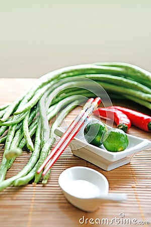 food ingredients of long beans and limes Stock Photo