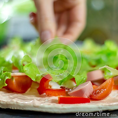 Food ingredients for pizza on table close up, cooking homemade pizza with fresh vegetables Stock Photo