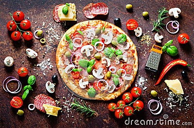 Food ingredients and spices for cooking delicious italian pizza. Mushrooms, tomatoes, cheese, onion, oil, pepper, salt Stock Photo