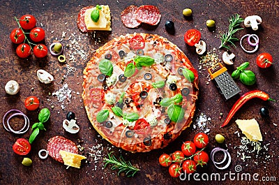 Food ingredients and spices for cooking delicious italian pizza. Mushrooms, tomatoes, cheese, onion, oil, pepper, salt Stock Photo