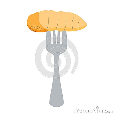 Food Insects: Silkworm Pupa insect deep-fried crispy for eating as ready meal food items on fork, it is good source of protein Vector Illustration