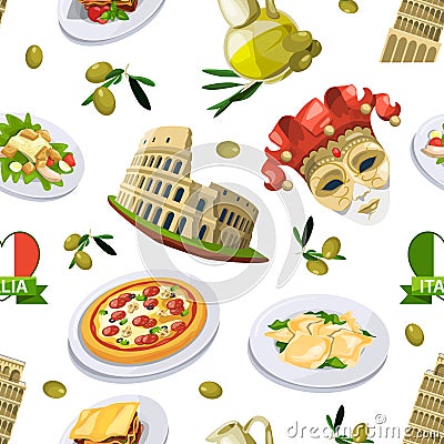 Food of italy cuisine. Illustration of different national elements. Vector seamless pattern Vector Illustration