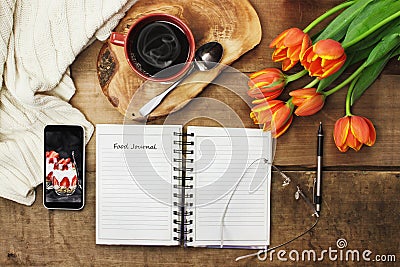 Food Journal and Coffee Stock Photo