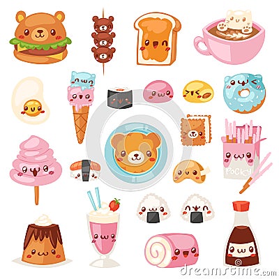 Food kawaii vector cartoon bear expression characters of fastfood hamburger with icecream or doughnut emoticon Vector Illustration