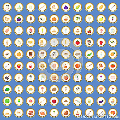 100 food and kitchen icons set cartoon vector Vector Illustration