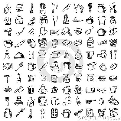 Food , kitchen tools - doodles set Vector Illustration