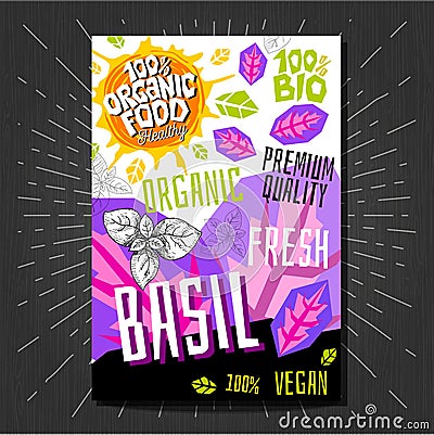 Food labels stickers set colorful sketch style fruits, spices vegetables package design. Basil. Vegetable label. Vector Illustration