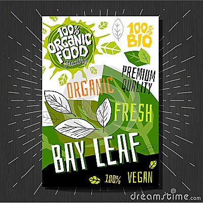 Food labels stickers set colorful sketch style fruits, spices vegetables package design. Bay leafs herbs. Vegetable label. Vector Illustration