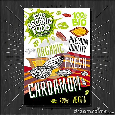 Food labels stickers set colorful sketch style fruits, spices vegetables package design. Cardamom, tea. Vegetable label. Vector Illustration