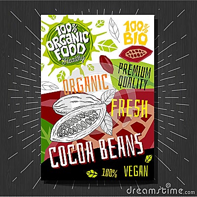 Food labels stickers set colorful sketch style fruits, spices vegetables package design. Cocoa beans. Vegetable label. Vector Illustration