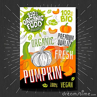 Food labels stickers set colorful sketch style fruits, spices vegetables package design. Pumpkin. Vegetable label. Vector Illustration