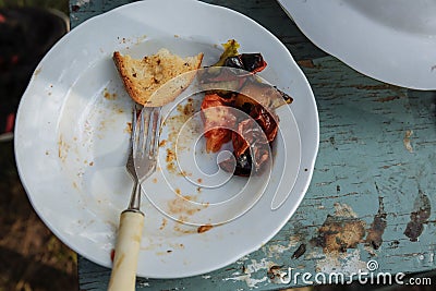 Food leftovers on the plate. Vegetables, meat and bread Stock Photo