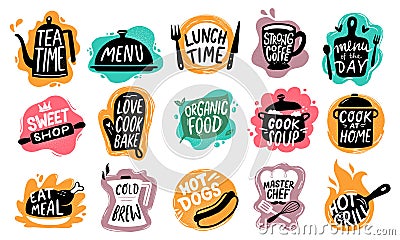 Food lettering. Bakery kitchen sweets, hot dogs badge and organic food logo vector set Vector Illustration