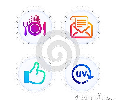 Food, Like and Mail newsletter icons set. Uv protection sign. Cutlery, Thumbs up, Open e-mail. Skin cream. Vector Vector Illustration