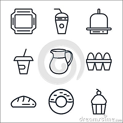 Food line icons. linear set. quality vector line set such as muffin, donut, bread, eggs, jug, cup, cloche, juice Vector Illustration