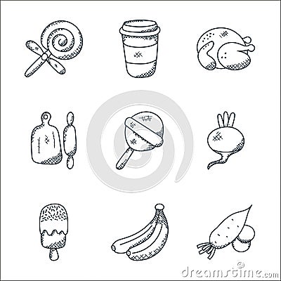 food line icons. linear set. quality vector line set such as radish, banana, popsicle, turnip, lollipop, rolling pin, chicken, Vector Illustration