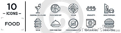 food linear icon set. includes thin line cocktail on a glass, vegan, drive through, cove food tray, warm black mug, double burger Vector Illustration