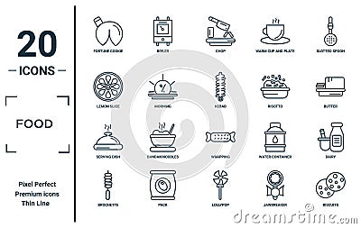 food linear icon set. includes thin line fortune cookie, lemon slice, serving dish, brochette, biscuits, kebab, dairy icons for Vector Illustration