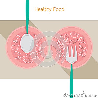 Food linear icons set on dish with spoon and fork Vector Illustration