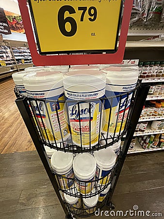 Food Lion grocery store Lysol sanitizer cloths canister Editorial Stock Photo