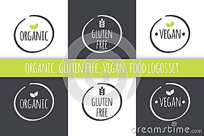 Food logos set. Organic Gluten Free Vegan labels. Vector grey white symbols with green leaves Vector Illustration