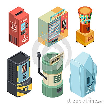 Food machine for drinks, coffee and snack in packages. Vector isometric pictures Vector Illustration