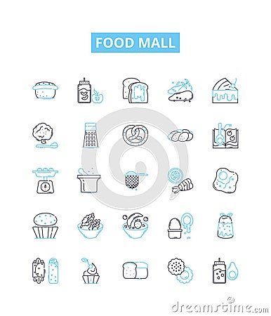 Food mall vector line icons set. Food, Mall, Foodcourt, Restaurants, Dining, Groceries, Cuisine illustration outline Cartoon Illustration