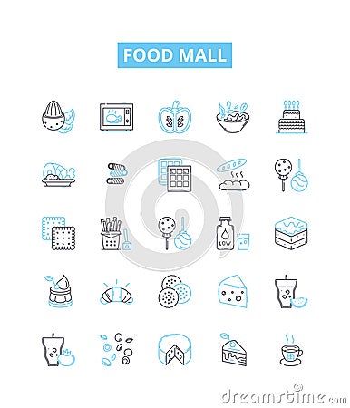 Food mall vector line icons set. Food, Mall, Foodcourt, Restaurants, Dining, Groceries, Cuisine illustration outline Vector Illustration