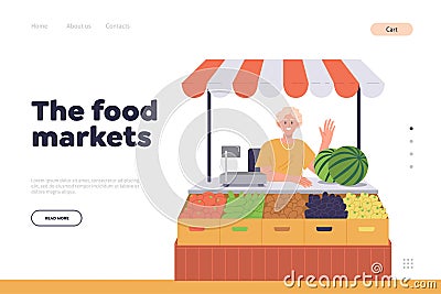 Food market landing page design template with happy vendor at street fairs stall vector illustration Vector Illustration