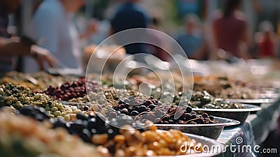 Food market outdoor in the summer streets - Generative AI Stock Photo