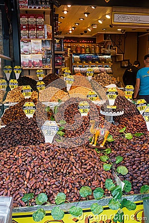 Food market stall selling dates and dried fruits Editorial Stock Photo