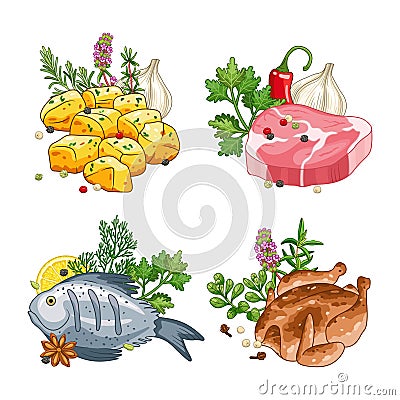 Food and meal vector set with spices Vector Illustration