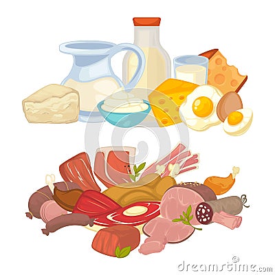 Food meat and dairy milk products vector flat icons set Vector Illustration